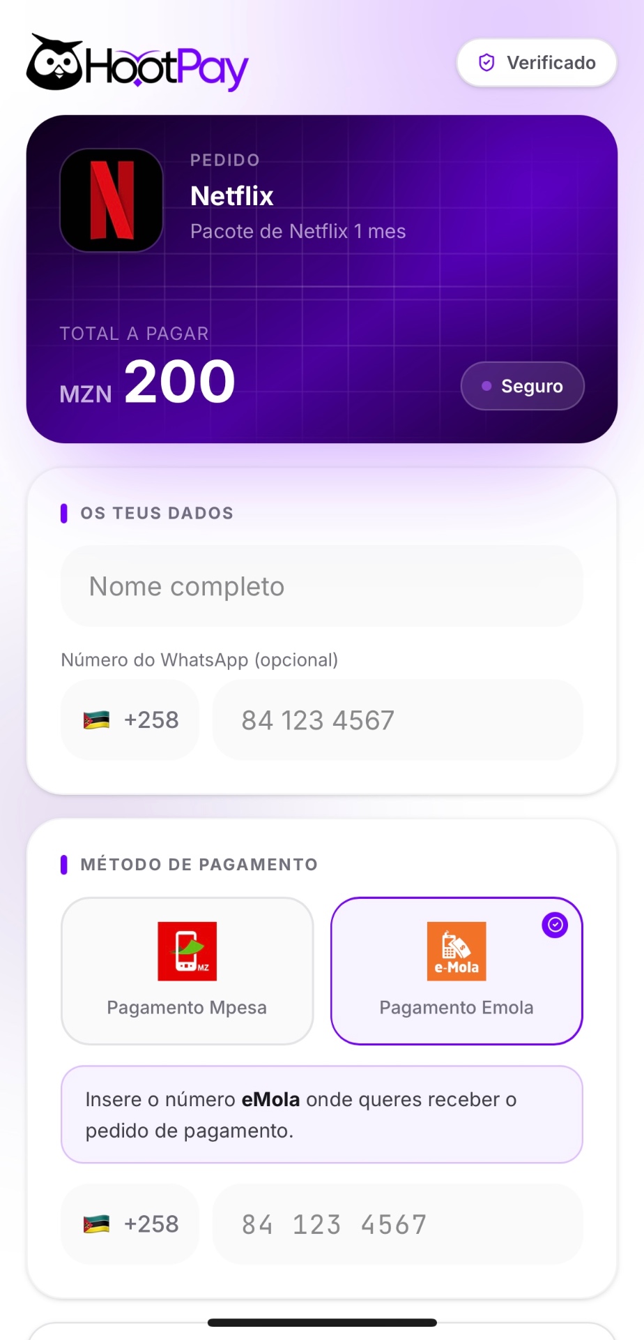 Simulação de checkout HootPay com pagamento Netflix via e-Mola