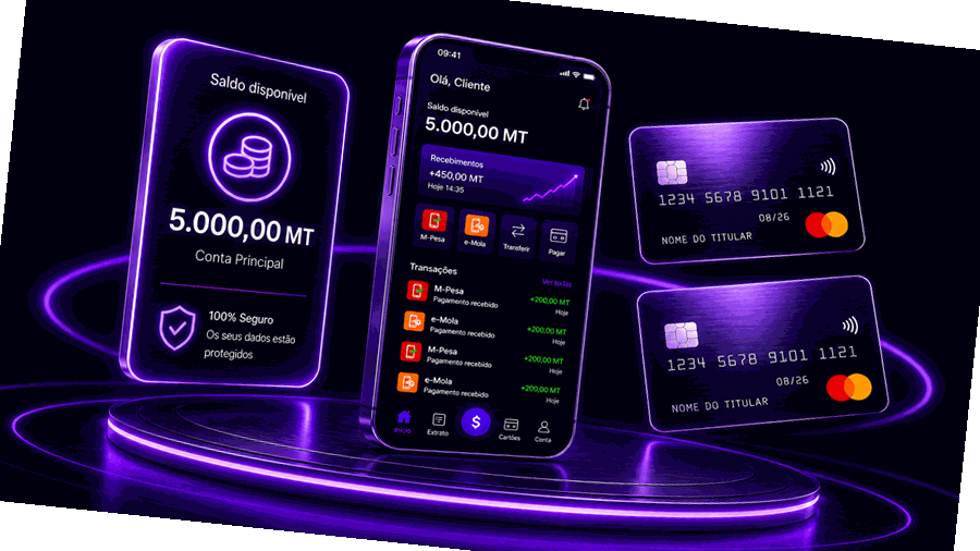 HootPay — carteira, app móvel e cartões em rotação